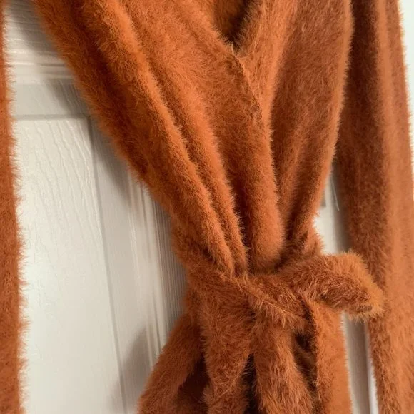 Camel Fuzzy Wrap Sweater. Tie Front, Long Sleeve. Sexy, Low Plunge V-Neck. US S - Picture 5 of 7